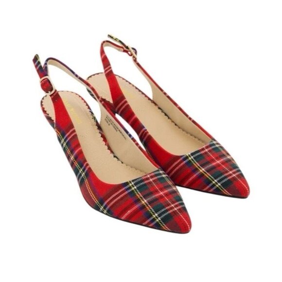 Isaac Mizrahi Red Tartan Plaid Slingback Kitten Holiday Preppy Heels Size 8.5 - Picture 1 of 8